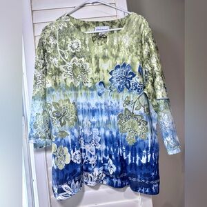Alfred Dunner Blouse size XL Blue Green Printed Long Sleeve Lace Office Shirt